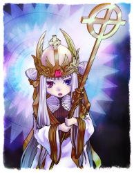 Rule 34 | 1girl, border, brown dress, commentary request, cone hair bun, cowboy shot, cross, crown, dress, fake wings, gem, golden wings, hair bun, heterochromia, holding, holding staff, layered dress, long hair, long sleeves, looking at viewer, open mouth, pope (ragnarok online), purple eyes, ragnarok online, red eyes, solo, staff, susukinohukurou, white border, white dress, white hair, wide sleeves, wings