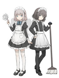Rule 34 | 2boys, apron, black footwear, black gloves, broom, child, chocomirukuaji, commentary request, crossdressing, dress, duster, fate/grand order, fate (series), gloves, looking at viewer, maid, maid apron, maid headdress, male focus, multiple boys, multiple persona, oberon (fate), oberon (third ascension) (fate), roswaal mansion maid uniform, simple background, spoilers, trap, waist apron, white apron, wings
