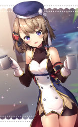 Rule 34 | 1girl, azur lane, bare shoulders, beret, blonde hair, blush, bow, breasts, buttons, cross, cup, double-breasted, gloves, hair bow, hair ribbon, hat, holding, holding cup, iron cross, looking at viewer, medium breasts, mug, open mouth, ribbon, riichu, short hair, smile, solo, sparkle, thighs, upper body, z23 (azur lane)