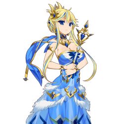 Rule 34 | 1girl, blonde hair, blue eyes, blue hair, bracelet, breasts, character request, cleavage, cowboy shot, dress, hair ornament, hair over shoulder, holding, jewelry, kusaka souji, large breasts, long hair, matching hair/eyes, multicolored hair, official art, see-through, solo, streaked hair, transparent background, two-tone hair, uchi no hime-sama ga ichiban kawaii, updo, wand