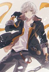 Rule 34 | 1boy, arm ribbon, arm up, baseball bat, black coat, black gloves, brown coat, caelus (honkai: star rail), chain, coat, collarbone, commentary request, gloves, gold chain, grey background, grey hair, grey pants, hair between eyes, highres, holding, holding baseball bat, holding weapon, honkai: star rail, honkai (series), hood, hooded coat, long sleeves, looking at viewer, male focus, mizuamememe, open clothes, open coat, orange ribbon, pants, pocket watch, ribbon, shirt, short hair, simple background, solo, standing, t-shirt, tassel, teeth, trailblazer (honkai: star rail), two-sided coat, two-sided fabric, v-shaped eyebrows, watch, weapon, white shirt, yellow eyes