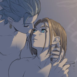 Rule 34 | 2boys, bad id, bad pixiv id, blue eyes, blue hair, brown hair, camus (dq11), cigarette, closed eyes, commentary request, couple, dragon quest, earrings, facing another, fingernails, grey background, hand on another&#039;s neck, hero (dq11), highres, holding, holding cigarette, jewelry, looking at another, looking up, male focus, mondi hl, multiple boys, nude, parted bangs, profile, short hair, simple background, smile, upper body, yaoi