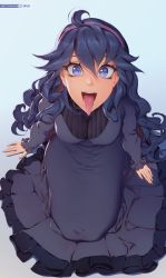 Rule 34 | 1girl, @ @, absurdres, black hair, breasts, creatures (company), dress, frilled dress, frills, from above, full body, game freak, hair between eyes, hairband, hex maniac (pokemon), highres, kneeling, long dress, long hair, long skirt, looking at viewer, medium breasts, messy hair, naftosaur, nintendo, open mouth, pink hairband, pokemon, pokemon xy, pov, purple dress, purple eyes, ribbed sweater, simple background, skirt, solo, sweater, tongue, tongue out