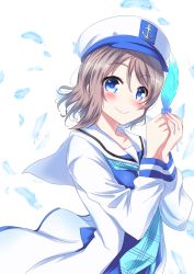 Rule 34 | 1girl, absurdres, anchor symbol, blue eyes, blue feathers, blue neckerchief, blush, commentary request, feathers, grey hair, hands up, hat, highres, holding, holding feather, jacket, long sleeves, looking at viewer, love live!, love live! sunshine!!, mirai no bokura wa shitteru yo, neckerchief, peaked cap, plaid neckerchief, plaid neckwear, sailor collar, short hair, smile, solo, watanabe you, white jacket, zero-theme