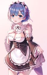 Rule 34 | 1girl, absurdres, blue eyes, blue hair, blush, bow, breasts, clothes lift, commentary, detached sleeves, dress, dress bow, dress lift, hair ornament, highres, lifted by self, looking at viewer, maid, monjja, re:zero kara hajimeru isekai seikatsu, rem (re:zero), ribbon, ribbon-trimmed dress, roswaal mansion maid uniform, short hair, solo, teeth, upper teeth only, x hair ornament