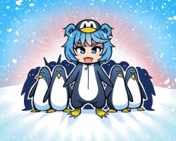 Rule 34 | 1girl, akairiot, animal, animal costume, bad id, bad twitter id, bird, blue eyes, blue hair, chibi, fangs, frostbite-chan (akairiot), frostbite (tournament), full body, hat, looking at viewer, no nose, open mouth, penguin, penguin costume, smile, snow, snowing, standing, zipper, zipper pull tab