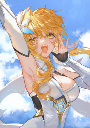 Rule 34 | 1girl, :d, absurdres, arm up, armpits, bawuling, blonde hair, breasts, cleavage, day, detached sleeves, dress, floating hair, flower, genshin impact, hair flower, hair intakes, hair ornament, highres, large breasts, long hair, long sleeves, lumine (genshin impact), open mouth, outdoors, sidelocks, sleeveless, sleeveless dress, smile, solo, twitter username, upper body, waving, white dress, white flower, white sleeves, yellow eyes