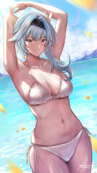 Rule 34 | 1girl, armpits, arms up, bare arms, bare shoulders, bikini, black hairband, blue hair, blue sky, breasts, cleavage, cloud, collarbone, commentary, cowboy shot, day, dutch angle, eula (genshin impact), genshin impact, grin, hairband, highres, large breasts, long hair, looking at viewer, mugen kageno, ocean, side-tie bikini bottom, sky, smile, solo, standing, swimsuit, water, white bikini, yellow eyes