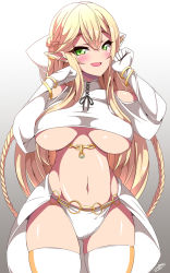 Rule 34 | 1girl, bare shoulders, blonde hair, blush, braid, breasts, clothing cutout, crop top, curvy, gloves, gradient background, green eyes, grey background, high collar, highres, large breasts, long hair, navel, open mouth, original, revealing clothes, sayossa (pak-front), shoulder cutout, skindentation, thighhighs, underboob, white gloves, white thighhighs