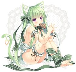 Rule 34 | 1girl, animal ear fluff, animal ears, areola slip, ass, barefoot, blush, bow, breasts, candy, cat ears, cat girl, cat tail, chocolate, chocolate heart, commentary request, food, food in mouth, green bow, green hair, green nails, green ribbon, hair censor, hair over breasts, hair over one breast, heart, interlocked fingers, looking at viewer, mouth hold, nail polish, nude, original, own hands together, purple eyes, ribbon, sidelocks, sitting, small breasts, solo, striped bow, striped ribbon, tail, takano yuki (allegro mistic), toenail polish, toenails, twintails, white background, white bow, white ribbon