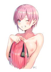 Rule 34 | 1girl, ;d, absurdres, artist name, breasts, collarbone, commentary request, completely nude, cropped torso, da-cart, go-toubun no hanayome, grin, highres, holding, medium breasts, nakano ichika, nipples, nude, one eye closed, open mouth, pink hair, short hair, simple background, smile, solo, teeth, upper body, white background, wig, unworn wig