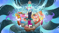 Rule 34 | 1girl, absurdly long hair, aimaina, aqua skirt, argyle, argyle clothes, argyle skirt, black hole ga okashoutengai (vocaloid), blue eyes, blue hair, blue hoodie, candy, candy store, candy wrapper, clenched hands, covered mouth, dot nose, doushite-chan, drawstring, floating hair, food, frilled skirt, frills, green footwear, hair between eyes, hatsune miku, highres, hood, hood down, hoodie, long hair, looking at viewer, miniskirt, own hands together, pants, pants under skirt, pigeon-toed, pinocchio-p, print hoodie, purple pants, shoes, shop, skirt, sneakers, solo, space, star (symbol), star print, track pants, traffic light, twintails, very long hair, vocaloid, wavy hair