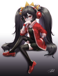 Rule 34 | 1girl, :&lt;, absurdres, ashley (warioware), black dress, black hair, black thighhighs, blush, commentary, crazy galaxy, dress, full body, gradient background, hair ornament, headphones, highres, jacket, long hair, looking at viewer, nintendo, open mouth, puchiman, red eyes, red footwear, red jacket, shoes, simple background, sitting, skull hair ornament, solo, symbol-only commentary, thighhighs, twintails, warioware, wristband