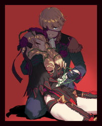 Rule 34 | 1boy, 1girl, absurdres, ascot, black border, black gloves, black jacket, black pants, blonde hair, blue eyes, border, character request, chyko, closed eyes, commentary request, drill hair, eyepatch, gloves, highres, jacket, kneeling, long sleeves, looking at viewer, one eye covered, pants, parted lips, red background, revealing clothes, sleeping, smile, spikes, twin drills, white ascot, wonderland wars