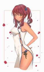 Rule 34 | 1girl, :/, bare arms, bare shoulders, black panties, black ribbon, blue flower, blush, breasts, china dress, chinese clothes, closed mouth, covered navel, cowboy shot, cropped legs, dark-skinned female, dark skin, dress, flower, from side, girls&#039; frontline, hair tie, hand on own hip, highres, long hair, looking at viewer, looking to the side, medium breasts, munape, orange eyes, panties, pelvic curtain, petals, red hair, ribbon, saiga-12 (girls&#039; frontline), side-tie panties, side ponytail, sleeveless, sleeveless dress, solo, standing, thighs, underwear, wavy mouth, white background, white dress