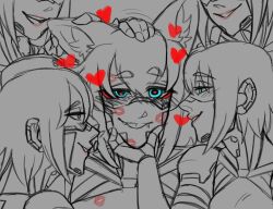 5girls android animal_ears blue_eyes blush cat_ears cat_girl clone_harem commentary english_commentary eule_(signalis) fang garrison_cap hand_on_another&#039;s_chin hand_on_another&#039;s_head hat heart heart-shaped_pupils lipstick_mark lipstick_mark_on_chest lipstick_mark_on_face monochrome multiple_girls petting pink_lips short_hair sidelocks signalis sketch spot_color symbol-shaped_pupils wolfjunji yuri