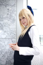 Rule 34 | 1girl, against glass, asian, blonde hair, blue ribbon, blurry, bow, breasts, character request, cosplay, depth of field, dress shirt, hair bow, highres, indoors, light smile, looking down, mole, mole under mouth, namada, necktie, photo (medium), ribbon, school uniform, shirt, small breasts, solo, standing, sweater vest, white shirt, window
