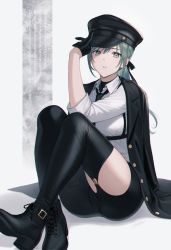 Rule 34 | 1girl, asymmetrical legwear, black footwear, black gloves, black hat, black jacket, black necktie, boots, clothing cutout, collared shirt, commentary request, cross-laced footwear, full body, gloves, green eyes, green hair, hair ribbon, hand up, hat, highres, jacket, jacket on shoulders, kepi, lace-up boots, leggings, legs, long hair, long sleeves, looking at viewer, military hat, necktie, original, parted lips, peaked cap, ponytail, ribbon, shirt, shoes, sitting, sleeves rolled up, solo, thigh strap, tokki, white shirt