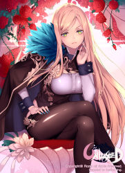 Rule 34 | 1girl, bad id, bad pixiv id, blonde hair, breasts, cape, character request, female focus, flower, green eyes, hip vent, large breasts, long hair, looking at viewer, nail polish, pantyhose, rose, rozer, sitting, solo, unleashed, very long hair