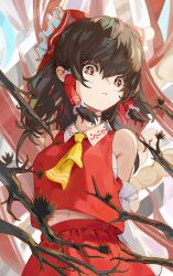 1girl armpit_crease ascot black_bow black_hair bow chest_sarashi collared_shirt detached_sleeves frilled_bow frills hair_between_eyes hair_bow hair_tubes hakurei_reimu highres long_hair long_sleeves red_eyes red_ribbon red_shirt red_skirt ribbon sarashi sashimi_oniku shirt skirt sleeveless sleeveless_shirt solo touhou yellow_ascot