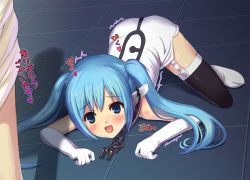 Rule 34 | 00s, 1boy, 1girl, all fours, bdsm, black thighhighs, blue eyes, blue hair, blush, boots, chain, collar, elbow gloves, garter straps, gloves, koyama tomosato, latex, leash, md5 mismatch, nymph (sora no otoshimono), resolution mismatch, solo focus, sora no otoshimono, source smaller, text focus, thighhighs, translated, twintails, white gloves
