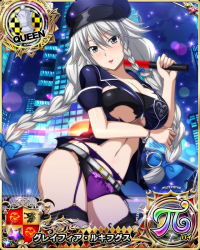 Rule 34 | 1girl, blush, braid, breasts, car, card (medium), character name, chess piece, cleavage, cuffs, garter belt, grayfia lucifuge, grey eyes, grey hair, handcuffs, hat, high school dxd, high school dxd pi, large breasts, lingerie, lipstick, long hair, looking at viewer, makeup, matching hair/eyes, motor vehicle, navel, night, official art, open clothes, outdoors, panties, parted lips, police, police car, police hat, police uniform, policewoman, purple panties, queen (chess), red lips, short shorts, shorts, smile, solo, standing, thighhighs, torn clothes, trading card, twin braids, underboob, underwear, uniform