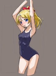 Rule 34 | 10s, 1girl, armpits, arms up, ayase eli, blonde hair, blue eyes, bow, cropped legs, hair bow, long hair, love live!, love live! school idol project, one-piece swimsuit, ponytail, red bow, rohitsuka, school swimsuit, sketch, solo, swimsuit