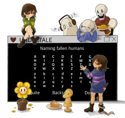 Rule 34 | 0 0, 2boys, 2others, absurdres, androgynous, ankle boots, bandaged leg, bandages, beanbun pasta, black shorts, blue jacket, blue shorts, blue sweater, boots, brown footwear, brown hair, chara (undertale), child, chinese commentary, closed eyes, commentary request, crossed legs, dummy (undertale), elbow rest, flower, flowey (undertale), food, frisk (undertale), gameplay mechanics, ghost, green sweater, grin, head on hand, headphones, highres, holding, holding plate, holding stick, jacket, long sleeves, multiple boys, multiple others, musical note, napstablook, open mouth, outline, papyrus (undertale), pasta, pie, pie slice, plate, red eyes, red scarf, sans (undertale), scarf, short hair, shorts, sitting, skeleton, sleeping, smile, spaghetti, standing, stick, sweater, undertale, white background, white outline, window (computing), yellow flower, zzz