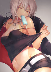 Rule 34 | 1girl, artoria pendragon (all), artoria pendragon (fate), belt, black jacket, black ribbon, black shorts, breasts, clothes pull, fate/grand order, fate/stay night, fate (series), food, food in mouth, ice cream, jacket, saber alter (ver. shinjuku 1999) (fate), jewelry, low ponytail, medium breasts, navel, necklace, official alternate costume, ribbon, saber alter, shirt, shorts, sleeveless, sleeveless shirt, tan, tanline, vivi (eve no hakoniwa), white belt, yellow eyes