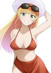Rule 34 | 1girl, arm up, barkhorn0331, bikini, blonde hair, blush, breasts, cleavage, eyewear on head, green eyes, hand on headwear, hat, heanna sumire, highres, holding, holding clothes, holding hat, large breasts, long hair, looking at viewer, love live!, love live! superstar!!, navel, red bikini, red sarong, sarong, smile, solo, standing, sun hat, sunglasses, swimsuit, teeth, white background, white hat