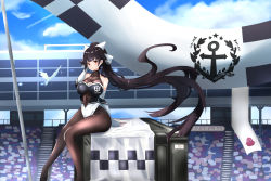 Rule 34 | 1girl, azur lane, bird, black pantyhose, blue sky, bow, box, breasts, checkered flag, cleavage, cleavage cutout, clothing cutout, cloud, day, dreamoon, feet out of frame, fingerless gloves, flag, gloves, hair bow, highres, logo, looking at viewer, multicolored leotard, outdoors, pantyhose, race queen, sitting, sky, solo, takao (azur lane), takao (full throttle charmer) (azur lane), two-tone leotard, white bow, white gloves