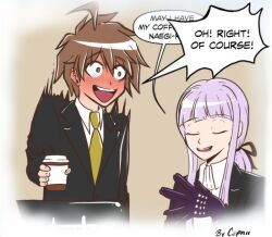 Rule 34 | 1boy, 1girl, ahoge, black jacket, black ribbon, blush, brown hair, closed eyes, collared shirt, commentary, computer, cup, danganronpa (series), danganronpa 3 (anime), disposable cup, english commentary, gloves, green necktie, hair ribbon, hand up, holding, holding cup, jacket, kirigiri kyoko, laptop, long hair, long sleeves, looking at another, necktie, official alternate costume, open clothes, open jacket, pink hair, ponytail, purple gloves, ribbon, rubixkun (capnii), shirt, smile, speech bubble, white shirt