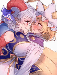 Rule 34 | 2girls, absurdres, animal ears, bare shoulders, blonde hair, blue tabard, breasts, commentary request, curly hair, eye contact, fox ears, fox tail, gold trim, grey hair, grin, hat, highres, huge breasts, looking at another, masanaga (tsukasa), medium hair, mob cap, multiple girls, multiple tails, profile, sideways mouth, simple background, smile, tabard, tail, touhou, toutetsu yuuma, white background, yakumo ran, yellow eyes, yuri