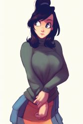 Rule 34 | 1girl, blue eyes, brown hair, commentary, english commentary, green sweater, highres, looking to the side, medium hair, original, raichiyo33, solo, sweater, thick lips, white background