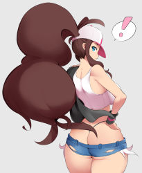 Rule 34 | !, 1girl, ass, bare shoulders, baseball cap, blue eyes, breasts, brown hair, butt crack, cleavage, collarbone, creatures (company), denim, denim shorts, from behind, game freak, hands on own hips, hat, highres, hilda (pokemon), huge ass, large breasts, long hair, looking at viewer, looking back, micro shorts, nac000, nintendo, pokemon, pokemon bw, ponytail, shirt, shorts, solo, tank top, thick thighs, thighs, thong, torn clothes, very long hair, whale tail (clothing), white background, white shirt, wide hips