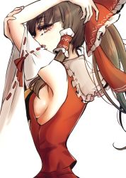 Rule 34 | 1girl, alternate hairstyle, arm up, armpits, ascot, bow, breasts, brown eyes, brown hair, detached sleeves, hair bow, hair tubes, hakurei reimu, looking at viewer, medium hair, no bra, nontraditional miko, open mouth, papiko (papiko8901), ponytail, profile, sideboob, sidelocks, simple background, solo, touhou, upper body, white background, wide sleeves
