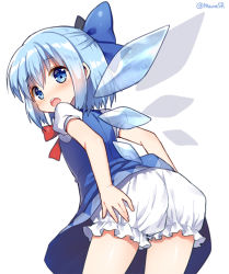 Rule 34 | 1girl, ass, bloomers, blue bow, blue dress, blue eyes, blue hair, bow, cirno, cowboy shot, dress, from behind, hair bow, ice, ice wings, leaning forward, looking at viewer, looking back, mauve, open mouth, puffy short sleeves, puffy sleeves, short dress, short hair, short sleeves, solo, touhou, twitter username, underwear, white bloomers, wings