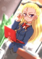 Rule 34 | 1girl, adjusting eyewear, alternate costume, assam (girls und panzer), backlighting, bespectacled, black ribbon, black skirt, blazer, blonde hair, blue eyes, blue jacket, blurry, blurry background, blurry foreground, bow, bowtie, closed mouth, commentary, dress shirt, dutch angle, girls und panzer, glasses, grey-framed eyewear, hair pulled back, hair ribbon, highres, holding, holding laptop, indoors, ishitsu tadashi, jacket, laptop, light particles, long hair, looking at viewer, office lady, pencil skirt, red bow, red bowtie, ribbon, shirt, skirt, smile, solo, standing, white shirt, wing collar