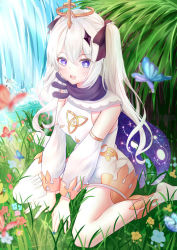 Rule 34 | 1girl, :d, adapted costume, aged up, alternate costume, alternate hairstyle, benzi li, black scarf, blurry, bow, bug, butterfly, commentary request, depth of field, detached sleeves, dress, flower, genshin impact, grass, hair between eyes, hair bow, hair ornament, hair ribbon, halo, insect, long hair, long sleeves, looking at viewer, mechanical halo, open mouth, paimon (genshin impact), purple eyes, ribbon, river, scarf, sidelocks, sitting, smile, two side up, wariza, water, waterfall, white dress, white hair