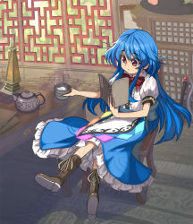 Rule 34 | 1girl, black headwear, blue hair, blue skirt, book, boots, bow, bowtie, brown footwear, buttons, center frills, cross-laced footwear, crossed legs, cup, drink, food, frilled skirt, frills, fruit, full body, hair between eyes, hat, unworn hat, unworn headwear, highres, hinanawi tenshi, holding, holding book, holding cup, indoors, lace-up boots, leaf, long hair, open book, orange eyes, peach, puffy short sleeves, puffy sleeves, rainbow order, reading, red bow, red neckwear, shirt, short sleeves, sitting, skirt, sword, sword of hisou, syope, table, teapot, touhou, weapon, white shirt