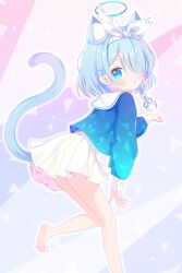 Rule 34 | 1girl, animal ear fluff, animal ears, arona (blue archive), bare legs, barefoot, blue archive, blue eyes, blue hair, blue halo, blue pupils, blue shirt, blush, braid, cat ears, cat tail, colored inner hair, commentary, extra ears, foot out of frame, from side, hair over one eye, hair ribbon, hairband, halo, highres, kemonomimi mode, light blue hair, long sleeves, looking at viewer, miniskirt, multicolored hair, parted lips, paw pose, pink hair, pleated skirt, puffy long sleeves, puffy sleeves, ribbon, sailor collar, sailor shirt, shirt, short hair, side braid, single braid, skirt, soles, solo, standing, standing on one leg, tail, toes, two-tone hair, white hairband, white ribbon, white sailor collar, white skirt, yottacc