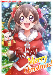 Rule 34 | 1girl, :d, bell, brown hair, capelet, christmas tree, commentary, dated, delicious party precure, dress, english text, floating, fur-trimmed capelet, fur trim, garland (decoration), gift, gloves, hair bell, hair ornament, hair ribbon, hanzou, hat, highres, holly hair ornament, kome-kome (precure), looking at viewer, medium hair, merry christmas, nagomi yui, night, open mouth, outdoors, precure, purple eyes, red capelet, red dress, red gloves, red ribbon, ribbon, santa dress, santa hat, smile, snowflakes, snowing, solo, standing, star ornament, twitter username, two side up
