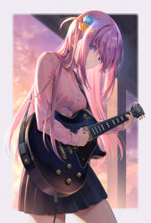 Rule 34 | 1girl, black skirt, blue eyes, bocchi the rock!, breasts, closed mouth, cube hair ornament, electric guitar, gotoh hitori, guitar, hair ornament, highres, holding, holding instrument, instrument, jacket, long hair, looking at viewer, medium breasts, pinakes, pink jacket, skirt, solo, standing, thighs