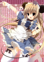 Rule 34 | 1girl, absurdres, animal, animal ears, animal on head, bridal garter, brown hair, cat, cat on head, dress, highres, inugami kira, long hair, maid headdress, mouse ears, mouse tail, on head, purple eyes, striped, striped background, tail, thighhighs, white thighhighs, wrist cuffs