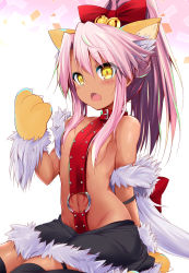 Rule 34 | 1girl, animal ear fluff, animal ears, animal hands, arm support, bare shoulders, bell, belt, belt buckle, black skirt, black thighhighs, blush, bow, breasts, brown eyes, brown gloves, buckle, chloe von einzbern, commentary request, convenient censoring, dark-skinned female, dark skin, fang, fate/kaleid liner prisma illya, fate (series), female focus, fur-trimmed gloves, fur-trimmed skirt, fur trim, gloves, groin, hair bell, hair between eyes, hair bow, hair censor, hair ornament, hair over breasts, highres, jingle bell, long hair, looking at viewer, navel, o-ring, open mouth, paw gloves, pink hair, red belt, red bow, sen (astronomy), simple background, sitting, skirt, small breasts, solo, thigh strap, thighhighs, white background