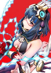 Rule 34 | 1girl, absurdres, bare shoulders, black cola, black hair, black skirt, blood, blood on hands, blue hair, bracer, breasts, cleavage, colored inner hair, detached collar, facepaint, fate/grand order, fate (series), feathers, grey eyes, halterneck, headdress, high collar, highres, looking at viewer, medium breasts, multicolored hair, pelvic curtain, red background, sash, short hair, sidelocks, skirt, solo, tassel, tenochtitlan (fate), tenochtitlan (first ascension) (fate), thighs, whip