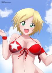 Rule 34 | 1girl, alice garnet nakata, bikini, bikini top only, blonde hair, blush, breasts, cleavage, cloud, collarbone, day, derivative work, green eyes, large breasts, looking at viewer, navel, open mouth, red bikini, self-upload, short hair, sky, smile, snk, solo, swimsuit, the king of fighters, upper body, zel-sama