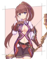 Rule 34 | 1girl, bow, breasts, brigandine, brown hair, character request, cleavage, closed mouth, long hair, looking at viewer, navel, shira yu ki, shorts, solo