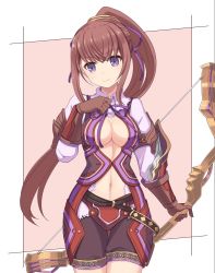 1girl bow breasts brigandine brown_hair character_request cleavage closed_mouth long_hair looking_at_viewer navel shira_yu_ki shorts solo