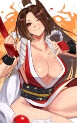 Rule 34 | 1girl, blush, breasts, brown hair, cleavage, dan koflove, fatal fury, fire, hair ribbon, hand fan, heart, highres, holding, holding fan, large breasts, ninja, one eye closed, ribbon, shiranui mai, smile, solo, the king of fighters, white background, white ribbon